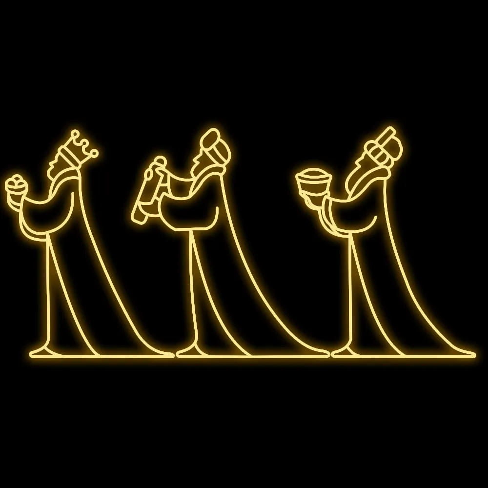 Três Reis Magos iluminados em LED dourado para decoração natalina de praças e prefeituras